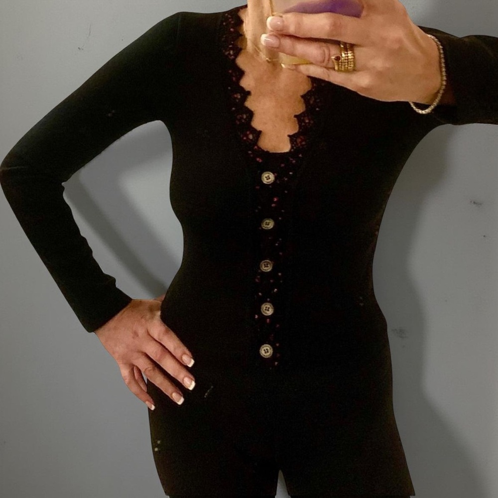 VTG 90’s Anonymous Black Lace Trim V-Neck Button Down Cardigan Sweater Top